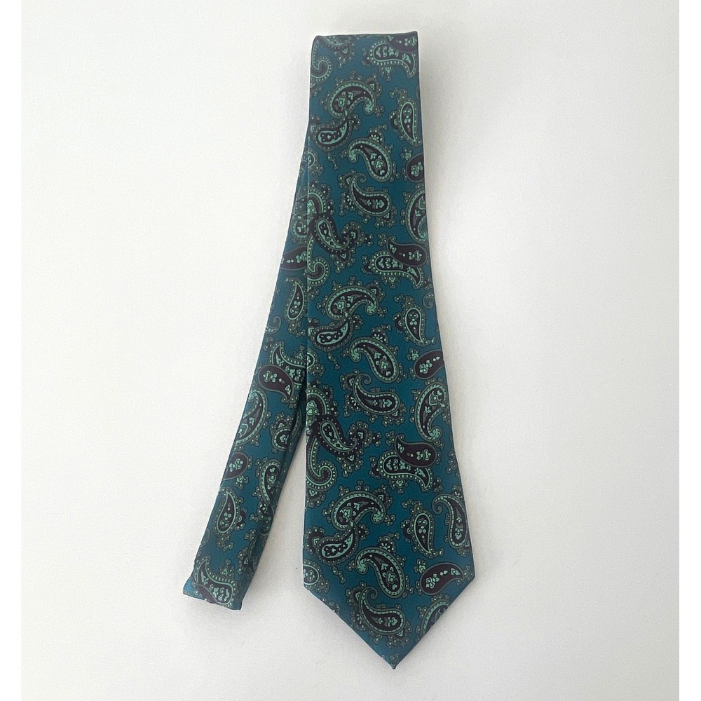 Vintage Woodward Men's Teal/Green/Black Paisley Pointed Tie with Logo Accent